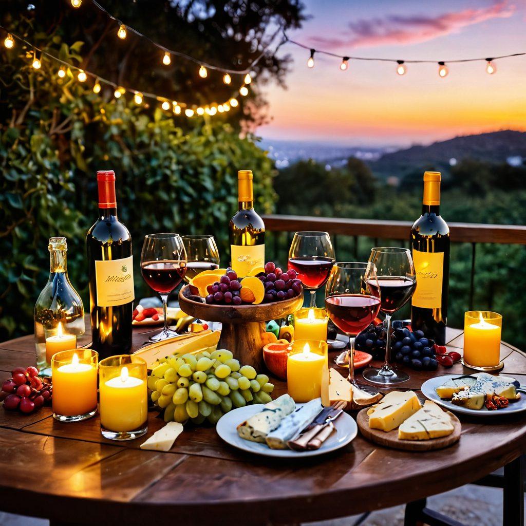 A beautifully arranged outdoor table set for a happy hour, featuring an array of colorful wine bottles and glasses. Include a basked with gourmet cheeses and fresh fruits, surrounded by warm fairy lights. Captured during sunset with soft golden tones illuminating the scene, evoking a feeling of joy and celebration. super-realistic. vibrant colors. warm lighting.