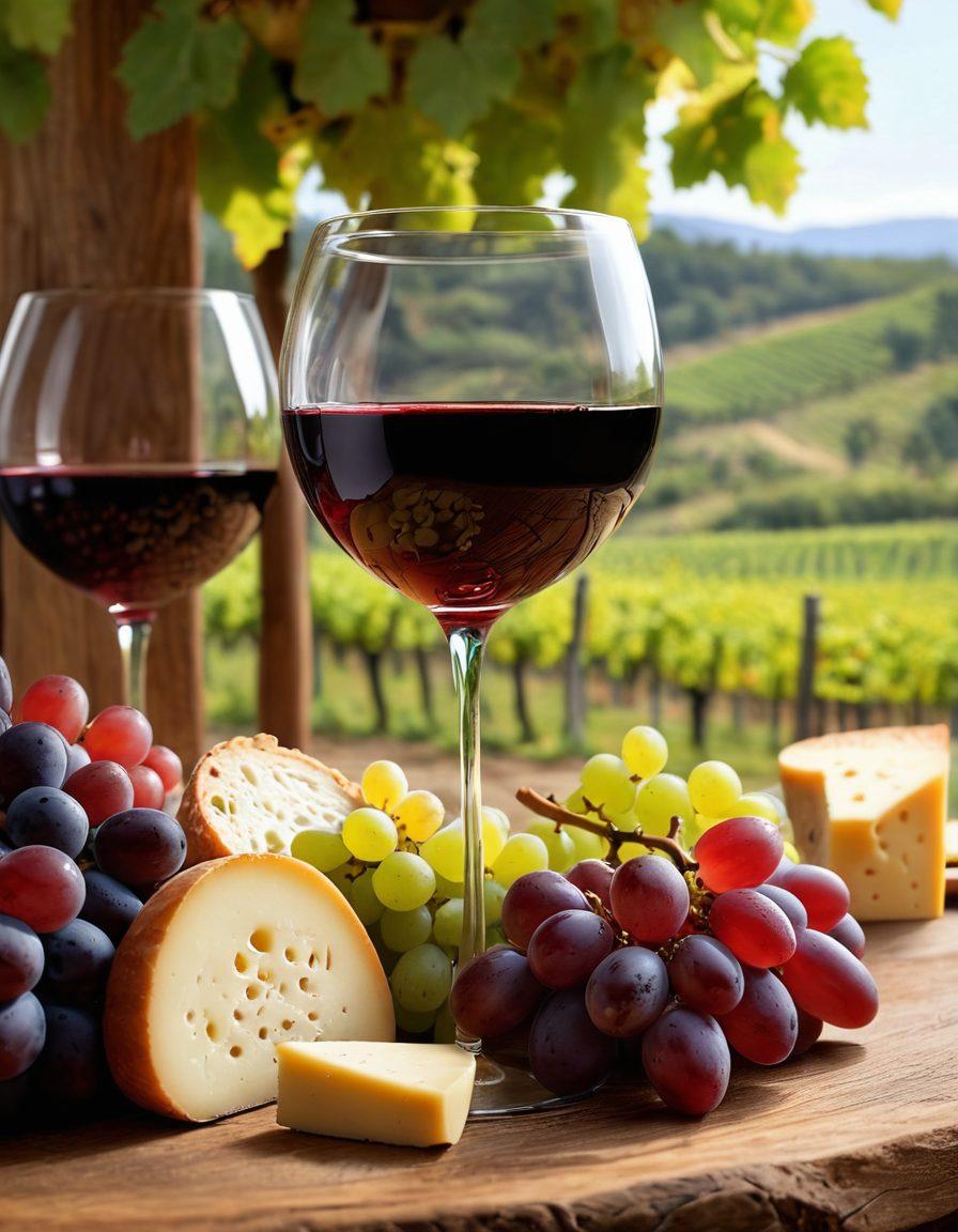 A beautifully arranged vineyard scene showcasing ripe grapes on the vine, transitioning into an elegant wine glass filled with rich red wine. Surround the glass with a rustic wooden table, cheese, and fruits, symbolizing pairing with wine. In the background, a close-knit group of diverse people enjoying a wine tasting, fostering community. Capture warm, inviting lighting to enhance the sense of togetherness. super-realistic. vibrant colors. 3D.