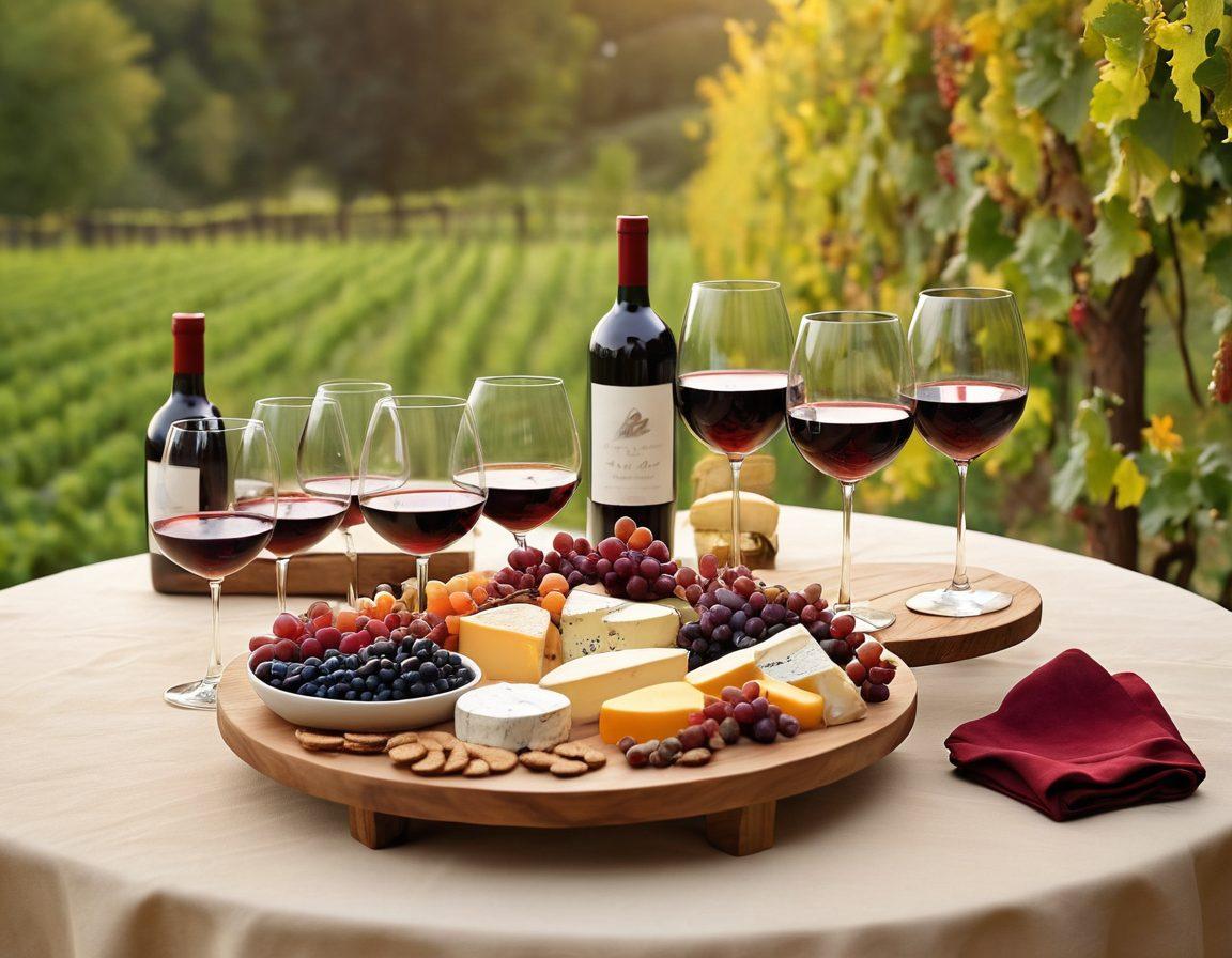 A beautifully arranged wine tasting table adorned with an array of vibrant wine glasses, showcasing different shades of wine from deep reds to crisp whites. Include a cozy atmosphere with soft, warm lighting and charming wooden elements, plus laughter-filled people enjoying their time together, surrounded by a picturesque vineyard. Integrate grapevines and artisan cheese platters for a complete wine culture essence. super-realistic. vibrant colors. warm lighting.